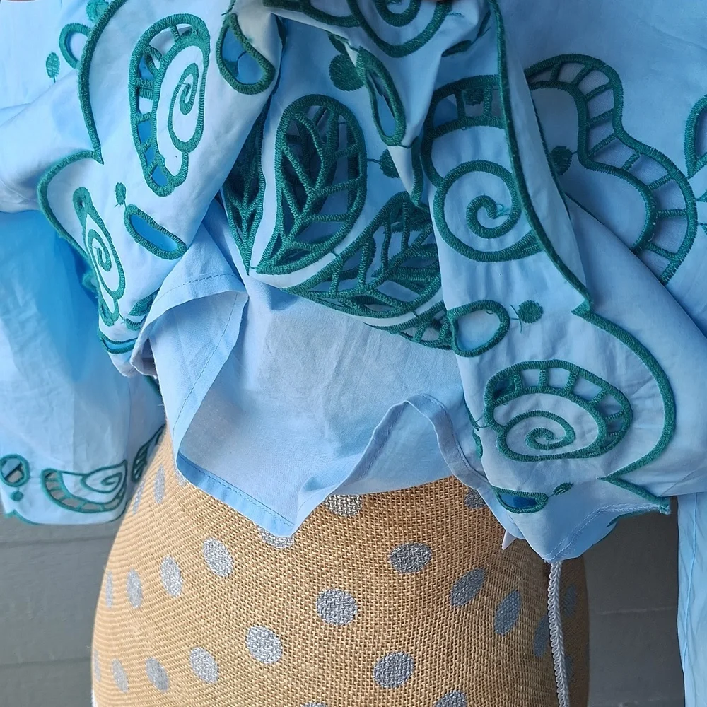 Farm Rio Richelieu Light Blue And Green Cropped Scalloped Hem Top Size XL Cotton - Picture 7 of 15